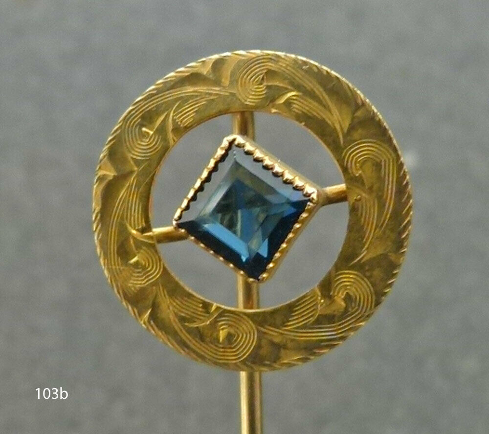 103 Vintage Yellow 10k Stick Pin With Open Work And Blue Stone