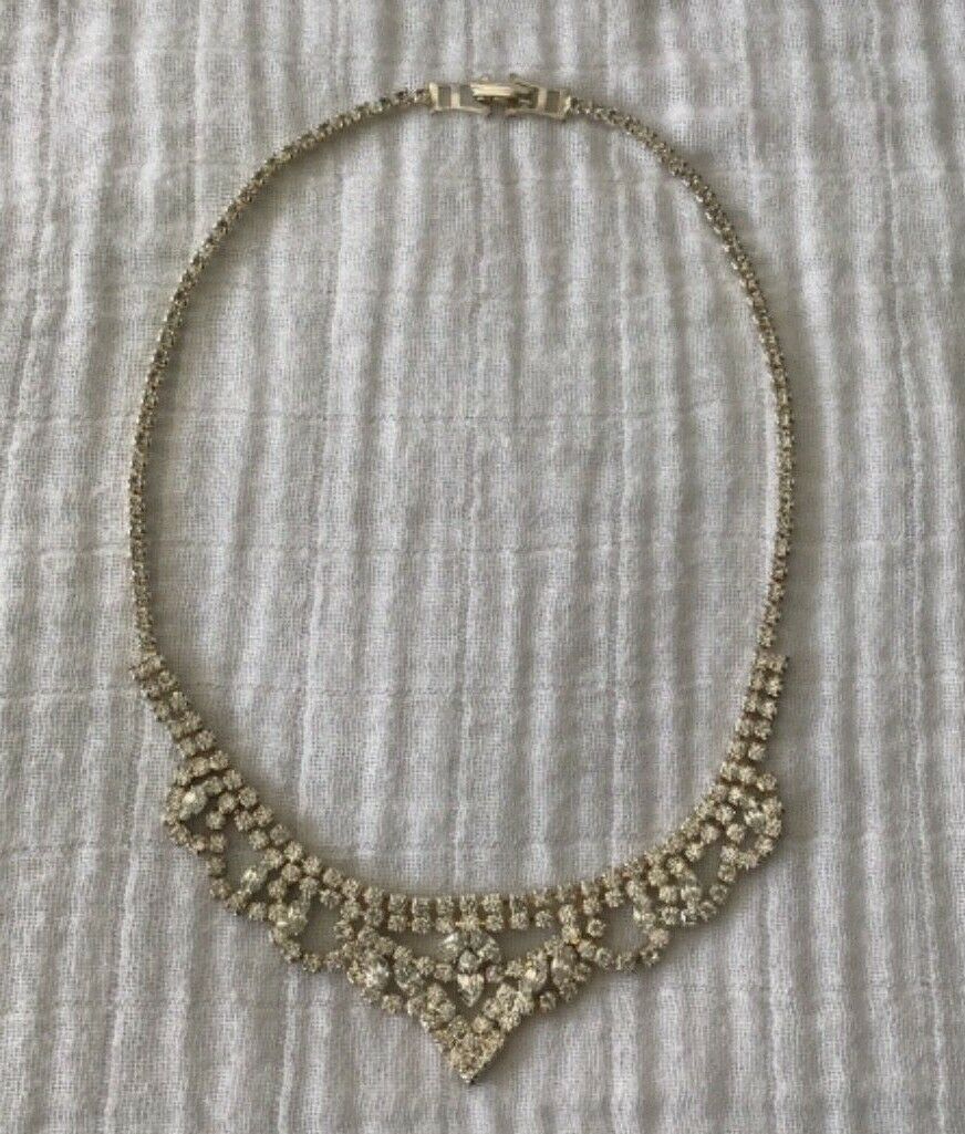 Silver And Gold Tone Rhinestone Crystal Formal Bridal Prom Necklace Pre-owned