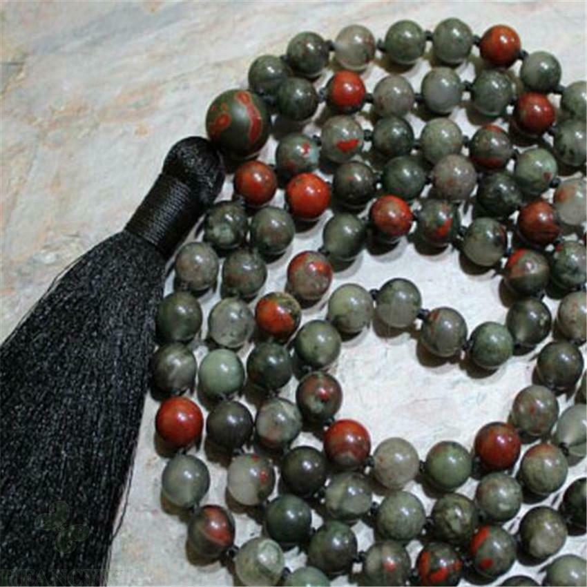 6mm Bloodstone Gemstone 108 Beads Tassels Mala Necklace Wrist Lucky Unisex