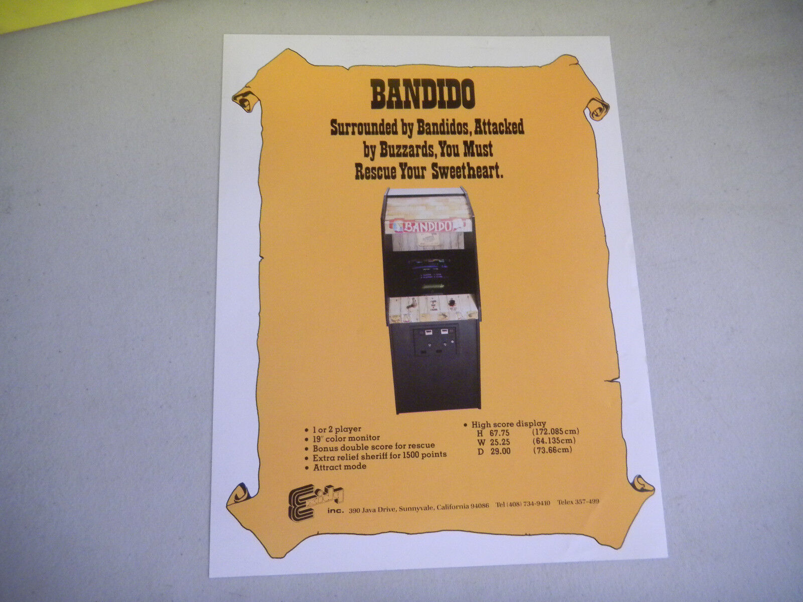 Original Bandido  Exidy     Arcade Video Game  Flyer