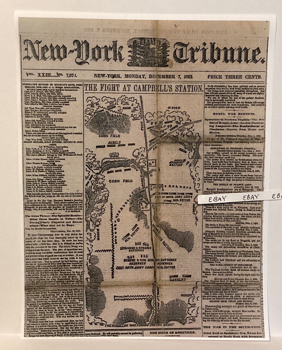 1863 New York Tribune Newspaper Campbell’s Station Detailed Civil War Battle Map