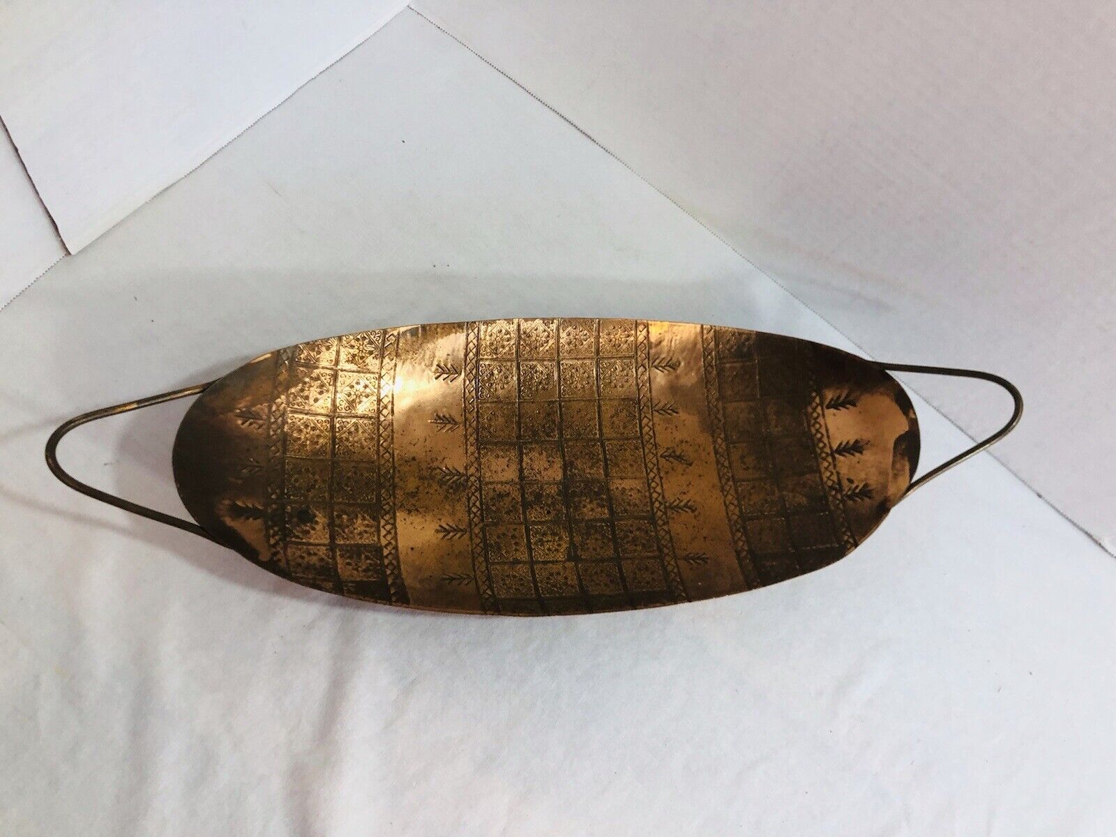 Vintage Oval Footed Messica Tray Etched Copper Metal Hand Made In Israel Handle
