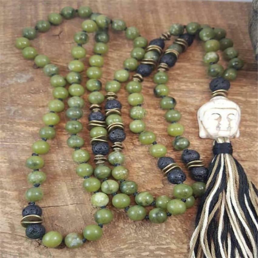 6mm Green Jade Gemstone Lava Stone Mala Necklace 108 Beads Fancy Veins Yoga