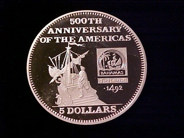 Bahamas $5 Dollars Silver Proof 1991 500th Anniversary Americas Nice Cameo