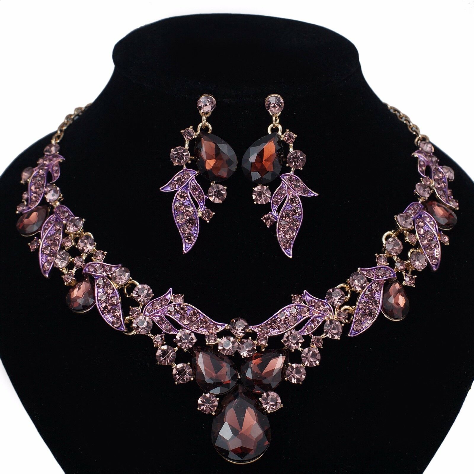 #ycc07 Purple Rhinestone Crystal Earrings Necklace Set Bridal Wedding Party Prom