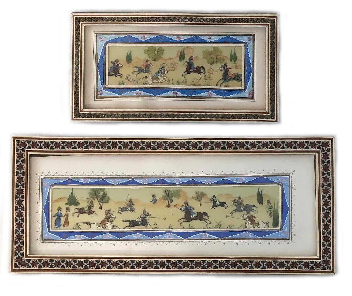 Two Persian Hand Painted Suratgari Bone Pictures In Khatam Frames