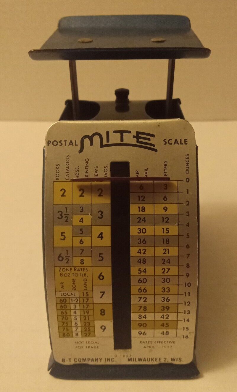 Vintage/collectable Mite Postal Scale Blue B-t Company Milwaukee Wisconsin 1952