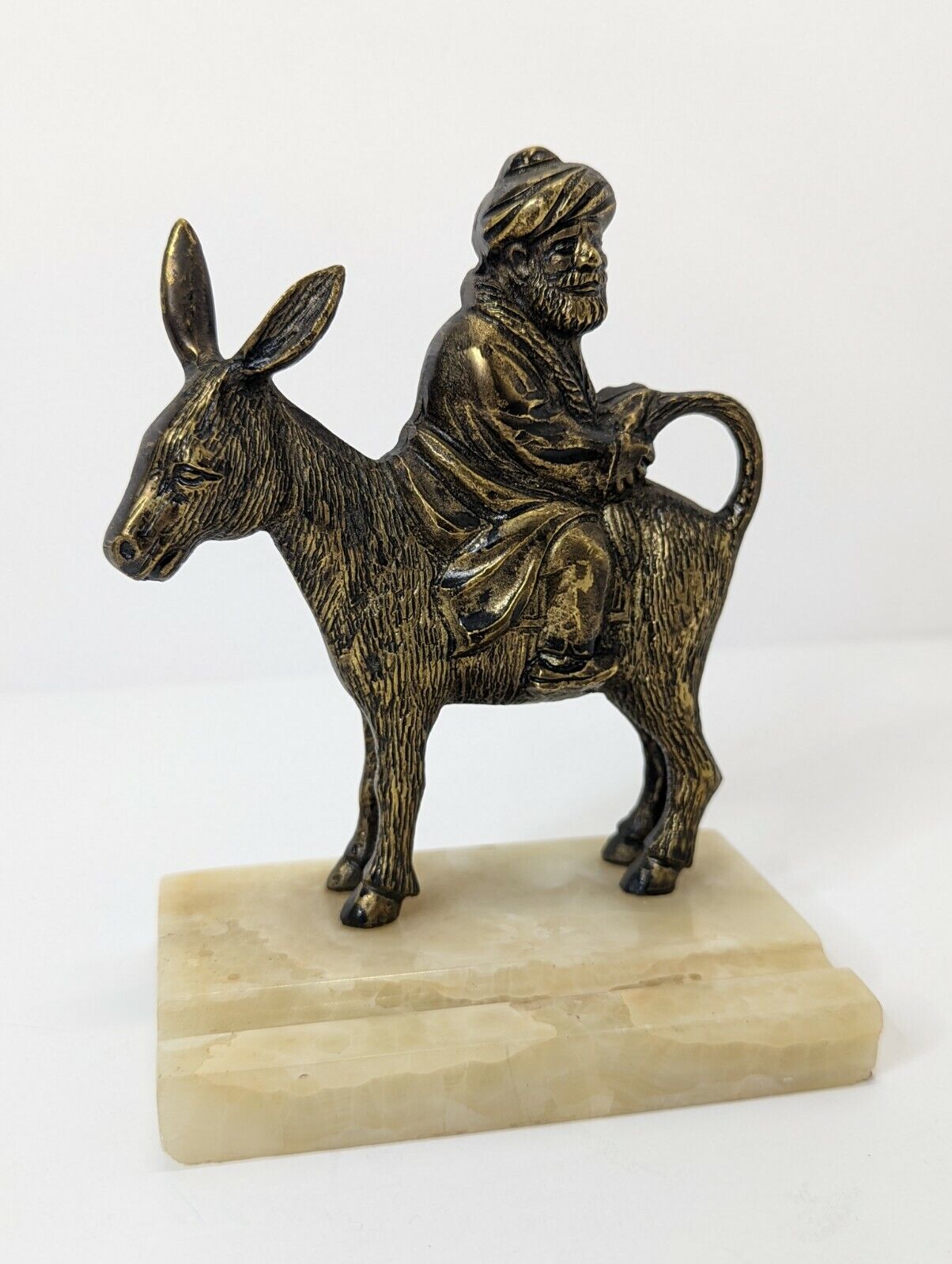Brass Onyx Turkish Nasreddin Hodja Man Riding Donkey Backwards Pen Holder