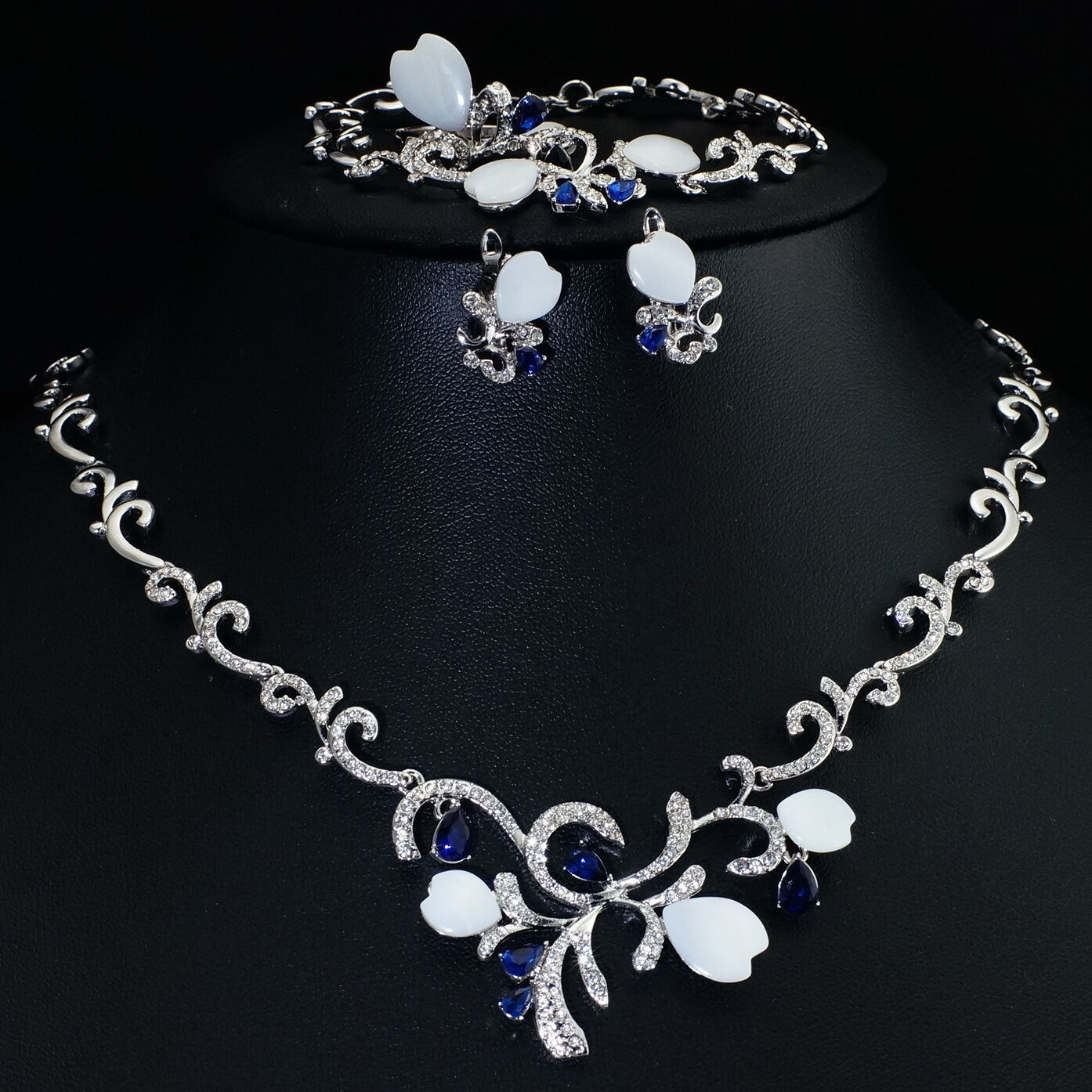 V463 Blue Cz Austria Crystal Shell Alloy Earrings Bracelet Necklace Set Ring 8#
