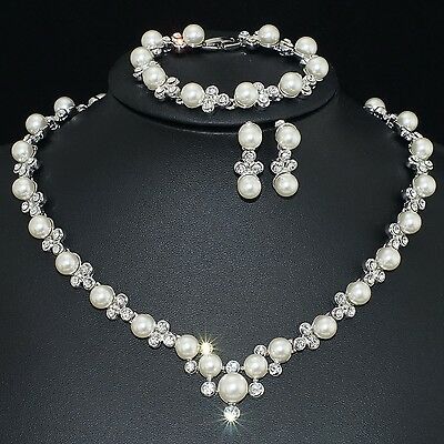 Vp33 Vf Clear Crystal Pearl Earrings Bracelet Necklace Set Bridal Party Gift