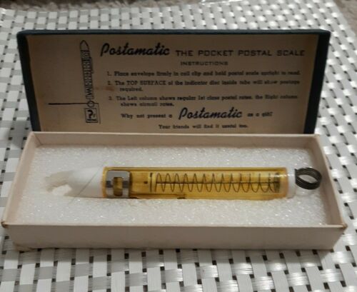 Vintage Postamatic Pocket Postal Scale In Box Yellow Glass
